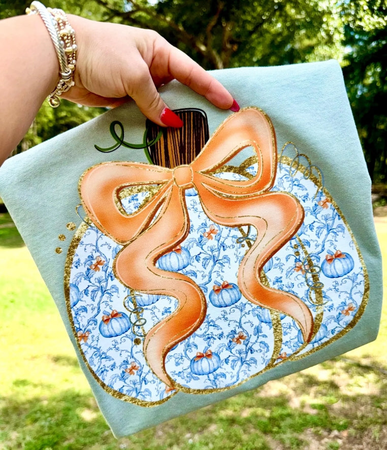 Blue Floral Pumpkin DTF Print