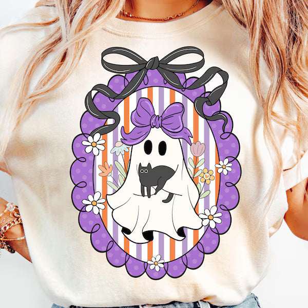 Purple Ghost and Cat Photo Halloween DTF Print
