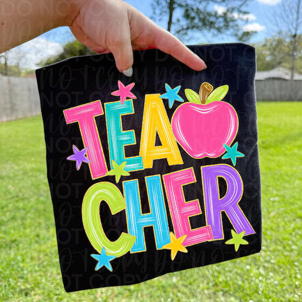 Teacher Neon Apple School DTF Print