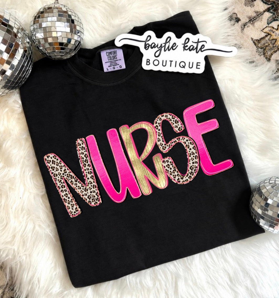 Nurse Hot Pink Leopard Gold Occupation DTF Print