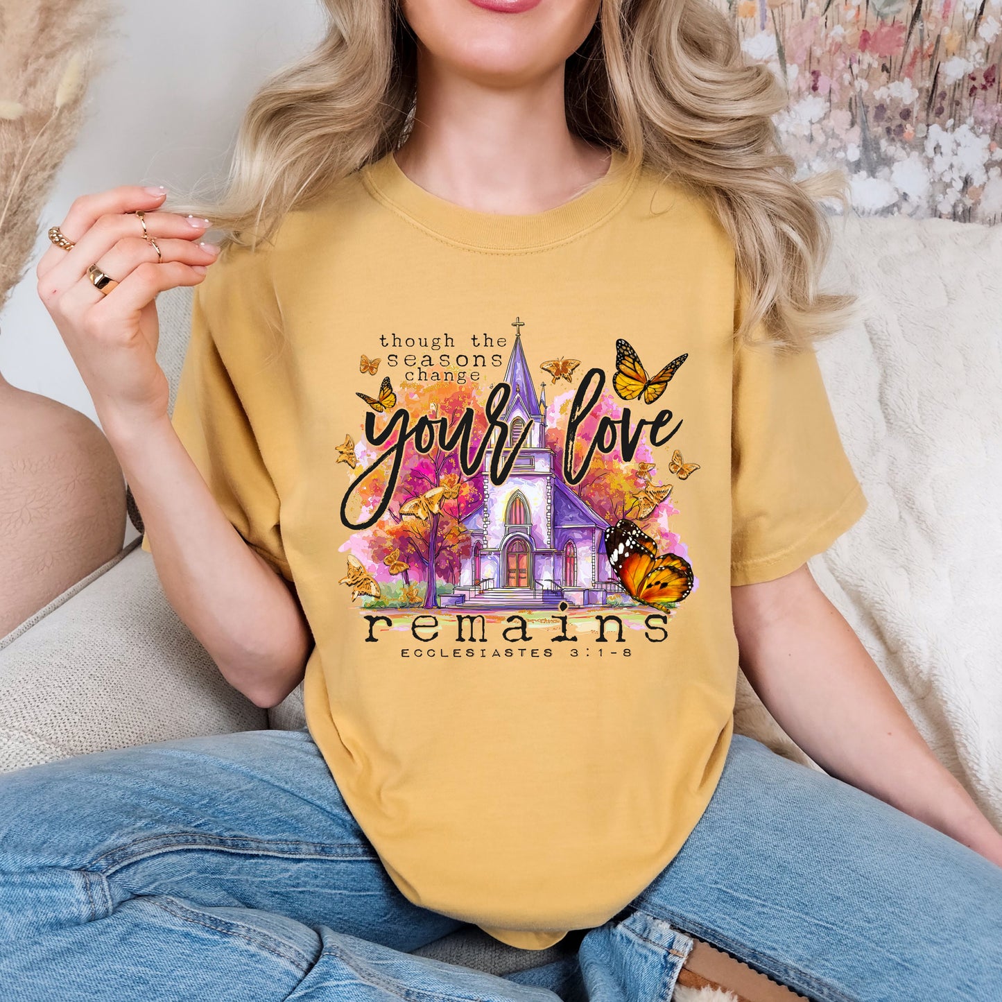 Though the Seasons Change Your Love Remains Fall Faith DTF Print