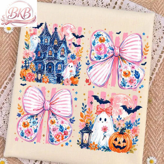 Pink Floral Haunted House & Ghost Halloween DTF Print