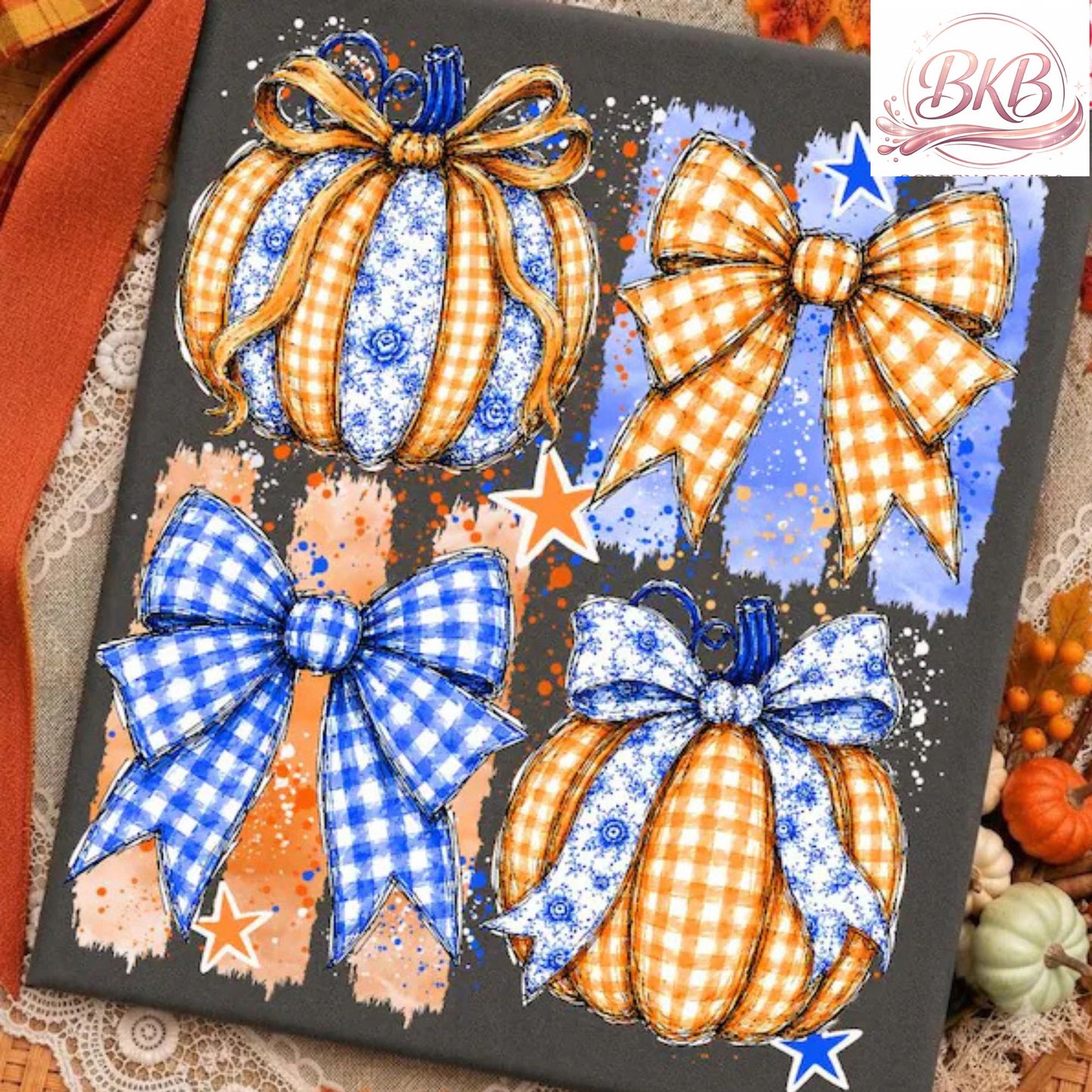 Blue/Orange Pumpkins and Bows Fall DTF Print