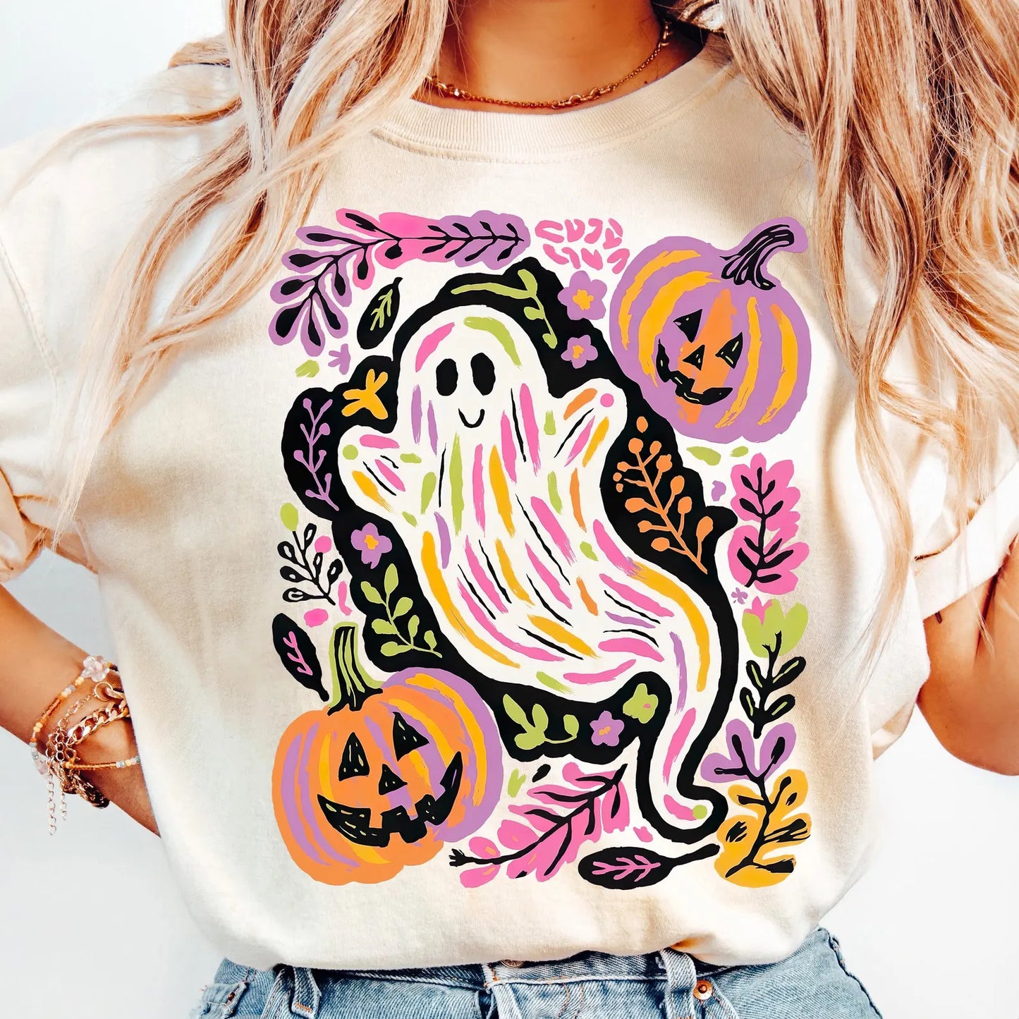 Ghost Pumpkins Neon Halloween DTF Print