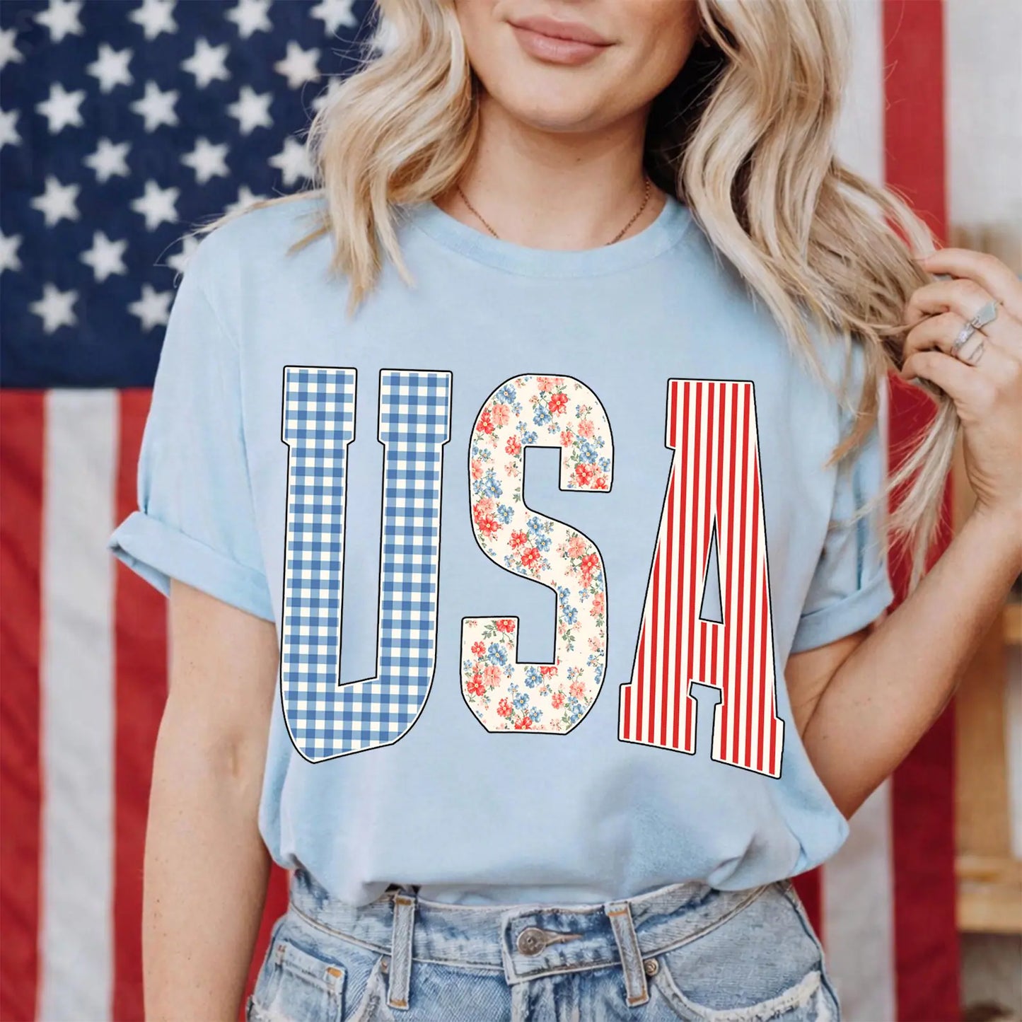 USA Gingham Floral Stripe July 4th DTF Transfer