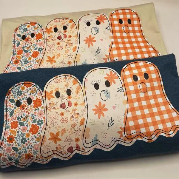 Four Floral Gingham Ghosts Fall and Halloween DTF Print