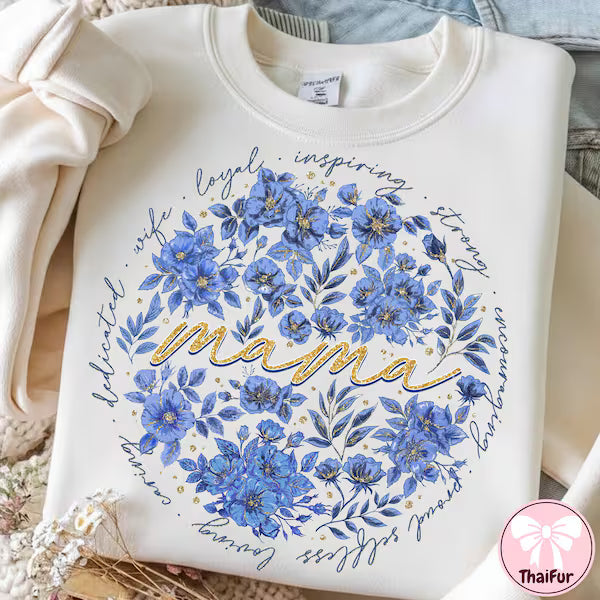 Mama Blue Floral Mama DTF Transfer