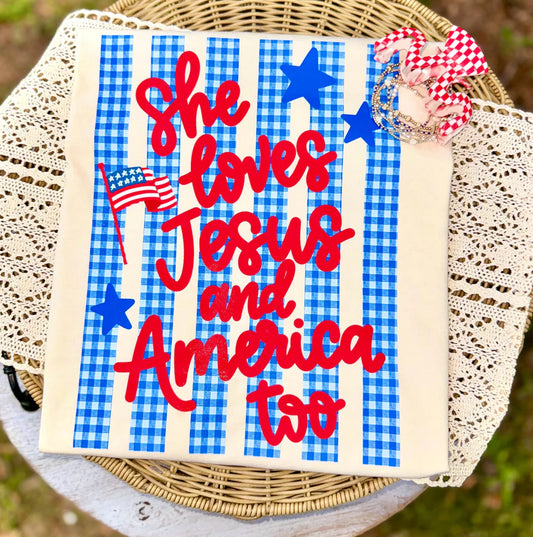 She Loves Jesus and America Too July 4th Faith DTF Transfer
